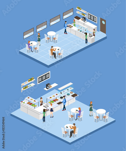Isometric 3D vector illustration concept of confectionery or canteen with visitors