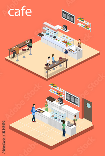 Isometric 3D vector illustration concept of confectionery or canteen with visitors
