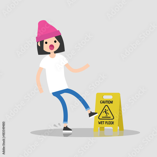 Caution, wet floor. Young female character slipped on a wet surface. Falling down. Flat editable vector illustration, clip art