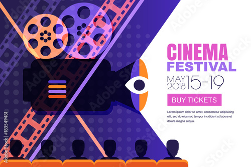 Vector cinema festival poster, banner background. People audience sitting in the cinema hall and watching film on screen. Sale cinema theatre tickets, movie time and entertainment concept.