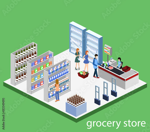 Isometric 3D vector illustration concept of a grocery store with buyers and cashier