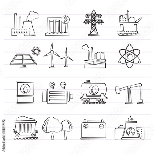 Energy producing industry and resources icons - vector icon set