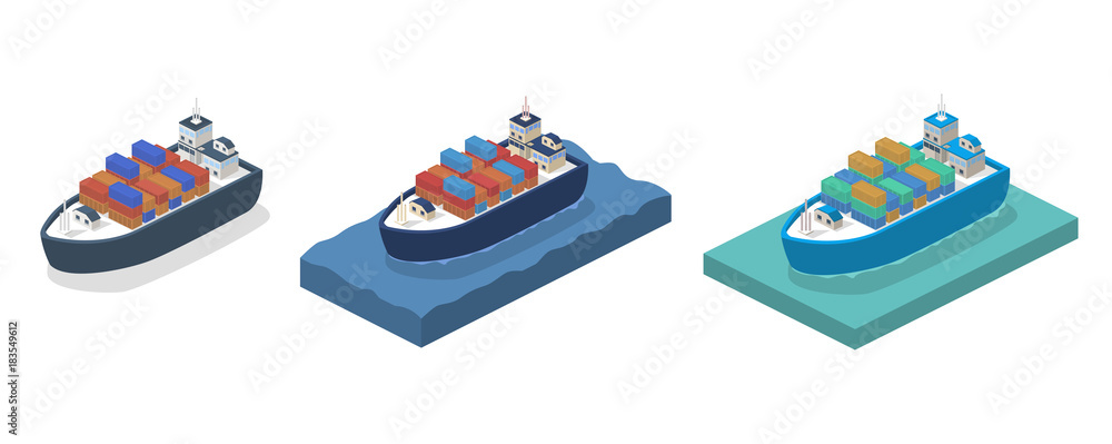 Isometric 3D vector illustration A cargo ship delivers heavy containers of goods Isometric 3D vector illustration A cargo ship delivers heavy containers of goods