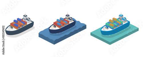 Isometric 3D vector illustration A cargo ship delivers heavy containers of goods