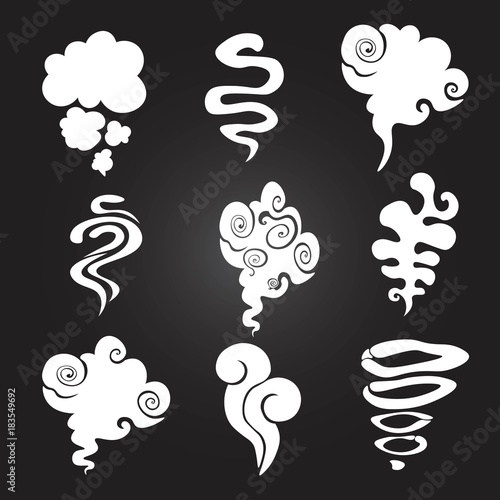 Cartoon smoke and dust clouds. Comic puff and steam vector set. Comic white stench aroma or smell illustration on black background