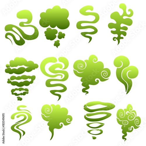 Cartoon stinky smell bubbles, water vapor and stench aroma streams vector set. Aroma smoke stream, odour toxic green illustration on white background