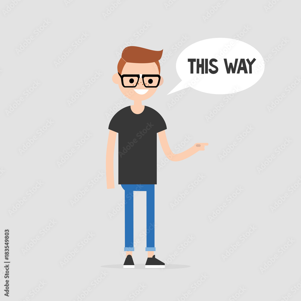 This way. Young character pointing at the right direction. Navigation. Speech bubble. Flat editable vector illustration, clip art