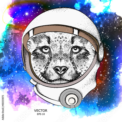 A cartoon cheetah in an astronaut's space suit. Character in space. Vector illustration