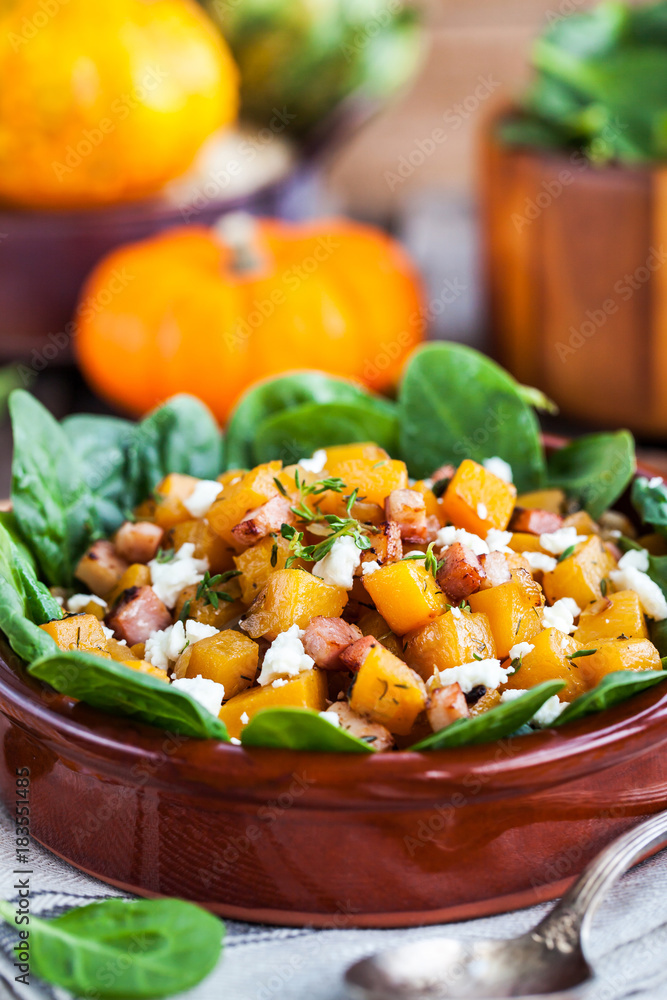 Butternut squash, bacon, spinach and feta cheese warm salad Butternut squash, bacon, spinach and feta cheese warm salad