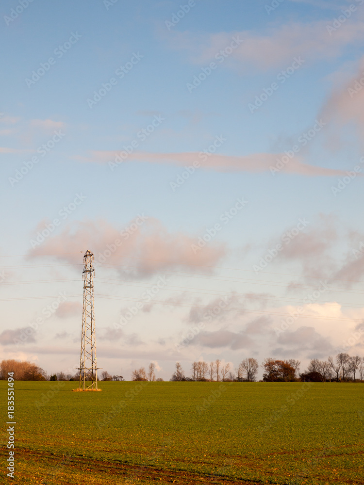 autumn green growing farmland landscape scene country with electricity pylon in blue cloudy sky