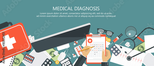Medical diagnosis concept. Medicine and healthcare. Wooden desk with medical equipment. Flat vector illustration