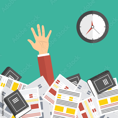 Deadline concept. Overworked businessman under a lot of documents. A lot of work concept. Vector colorful illustration in flat design isolated on green.