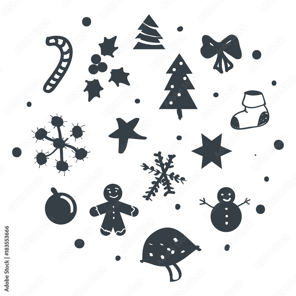 Set of Christmas design element in doodle style Set of Christmas design element in doodle style