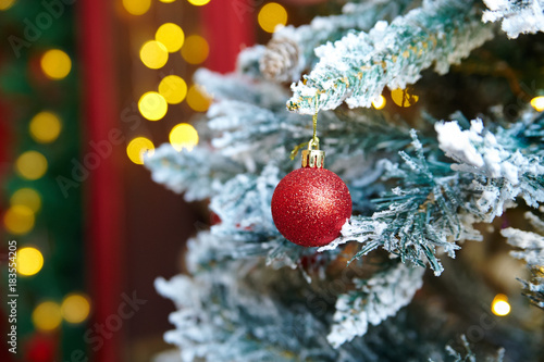 Branch of a Christmas tree, decorated with a red ball