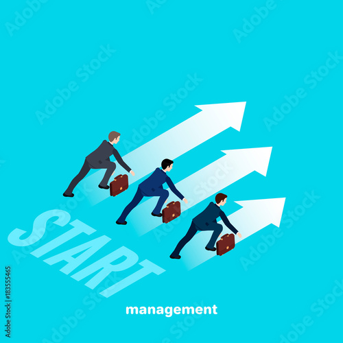 people in business suits at the start, an image in isometric style