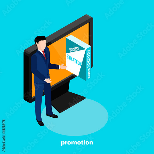 a man in a business suit stands near the monitor and presents a box with educational materials for business, an image in isometric style