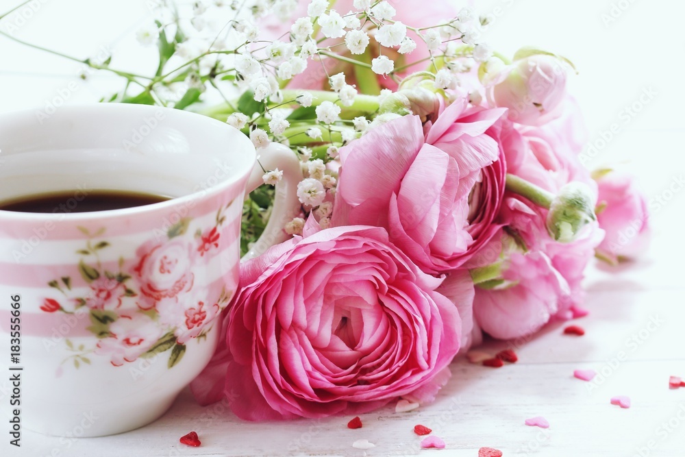 Cup of Coffee with pink roses / Valentines Day background, selective focus Cup of Coffee with pink roses / Valentines Day background, selective focus