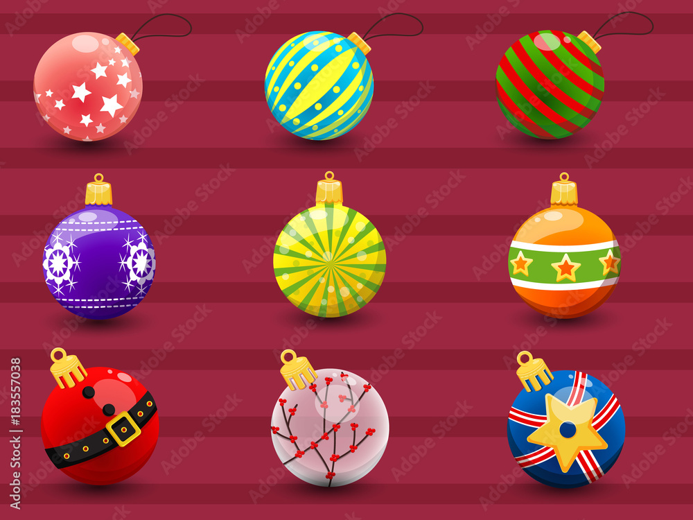 Set of Colorful Christmas balls. Collection of merry Christmas and New Year. Vector illustration Set of Colorful Christmas balls. Collection of merry Christmas and New Year. Vector illustration