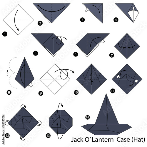 step by step instructions how to make origami A Jack O' Lantern Case (Hat)