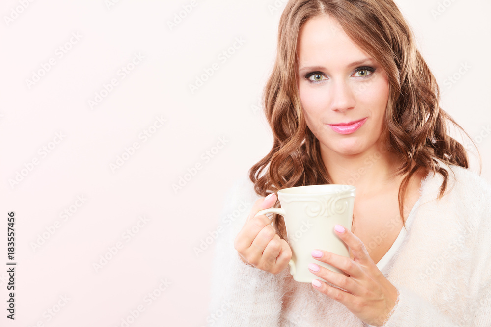 Autumn woman holds mug with coffee warm beverage Autumn woman holds mug with coffee warm beverage