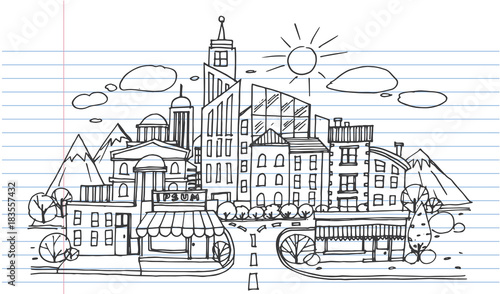 Wallpaper Mural Hand drawn City Sketch for your design,Drawn in black ink on lined notebook paper Torontodigital.ca
