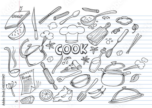 Hand drawn doodles of Cook concept on lined notebook paper,Doodles vector illustration.Poster with hand drawn kitchen utensils. 