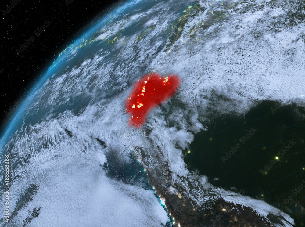Ecuador on planet Earth in space at night