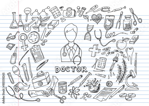 Hand drawn medicine icon set on lined notebook paper. Medical sketched collection. Healthcare, pharmacy doodle icons. Vector illustrations