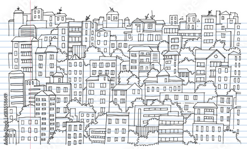Hand drawn City Sketch for your design,Drawn in black ink on lined notebook paper