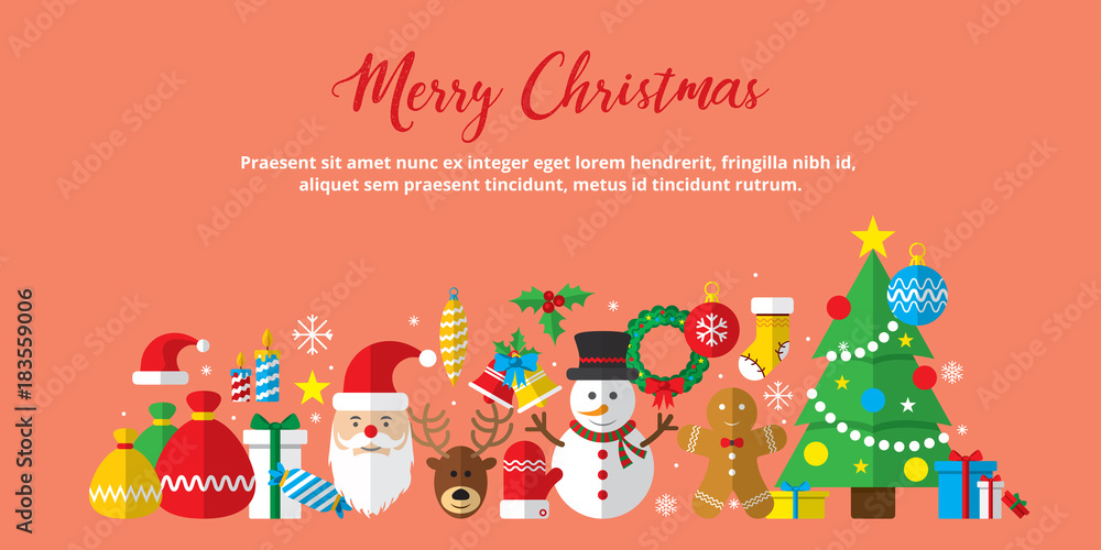 Fototapeta premium Merry Christmas background. Set of Christmas icons flat in vector illustration. Icon of bell, stocking, christmas tree, reindeer, present, Santa Claus, snowman. Template for internet and business.