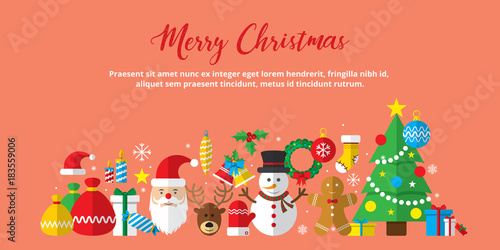 Merry Christmas background. Set of Christmas icons flat in vector illustration. Icon of bell, stocking, christmas tree, reindeer, present, Santa Claus, snowman. Template for internet and business.