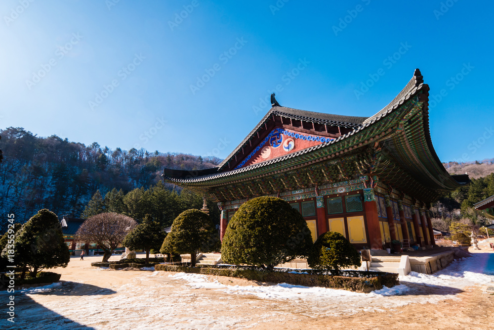 Pyeongchang, gangwon-do, South Korea - Woljeongsa Temple. (Woljeongsa is a head temple of the Jogye Order of Korean Buddhism, located on the eastern slopes of Odaesan in Pyeongchang)