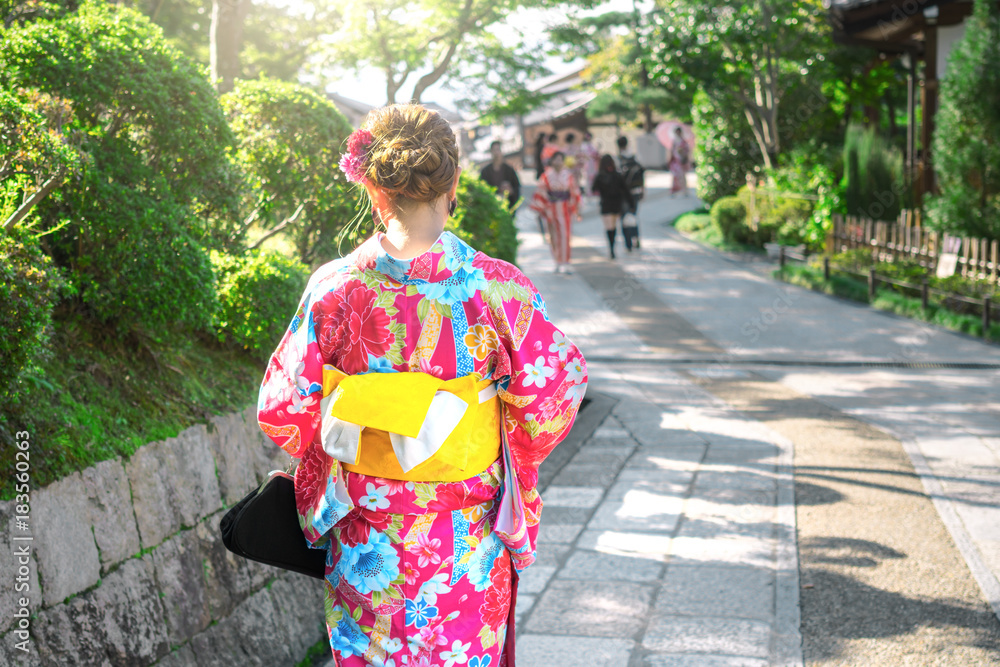 Woman in traditional japanese kimono walking at Kiyomizu temple ,Kyoto Japan
