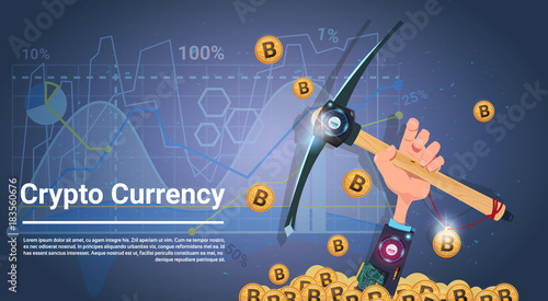 Bitcoin Mining Concept Hand Holding Pickaxe Internet Digital Money Crypto Currency Concept Vector Illustration