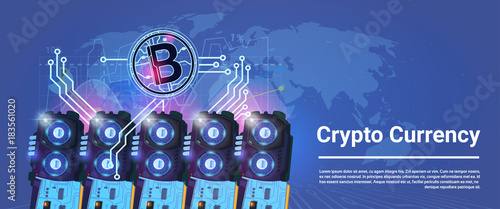 Crypto Currency Bitcoin Mining Farming Horizontal Banner World Map Background Digital Web Money Concept Vector Illustration