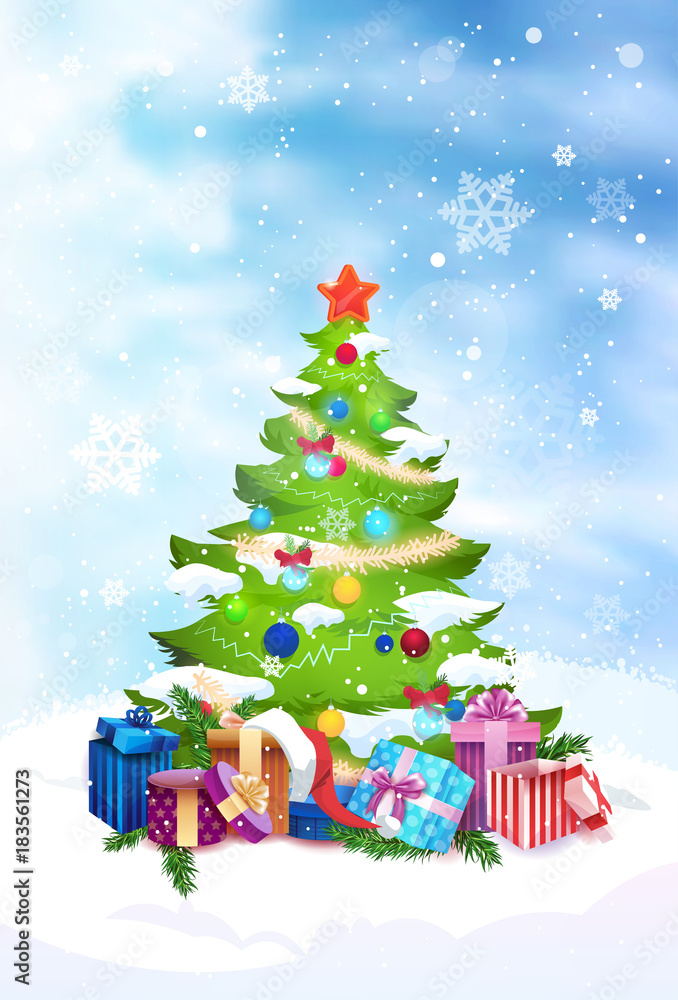Fototapeta premium Christmas Tree Decorated With Colorful Balls And Garland Gift And Present Boxes Flat Vector Illustration