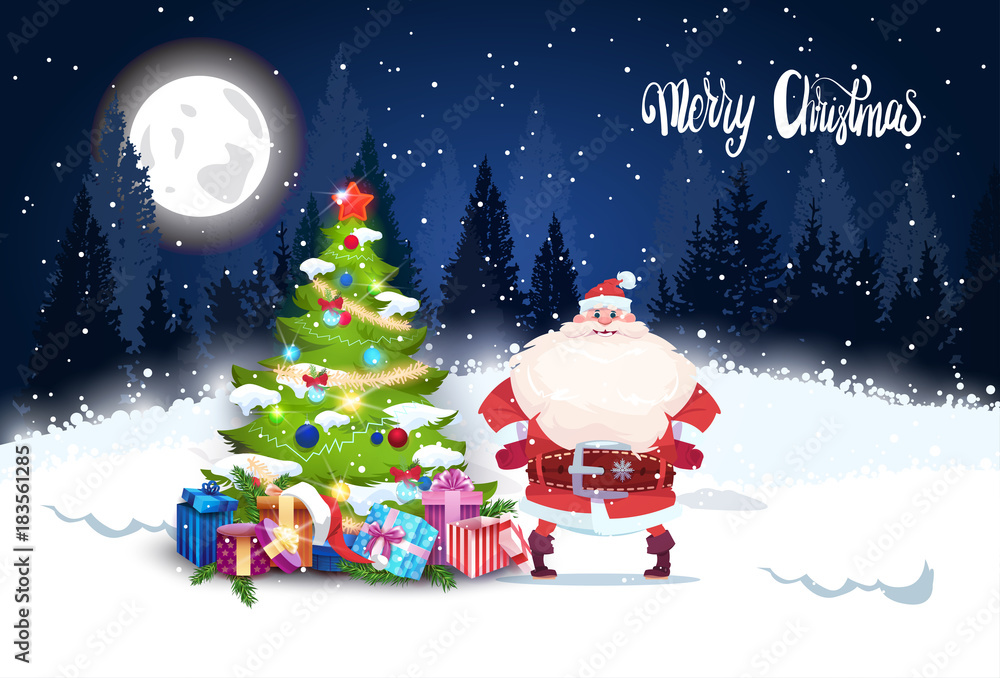 Merry Christmas Background Winter Forest Landscape Night With Pine Tree Glowing And Santa Flat Vector Illustration