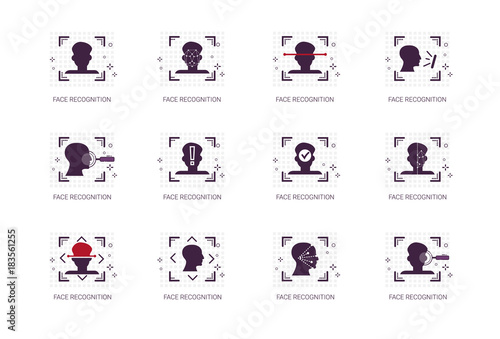 Face Recognition System Icons Set Biometric Identification Concept Thin Line Vector Illustration