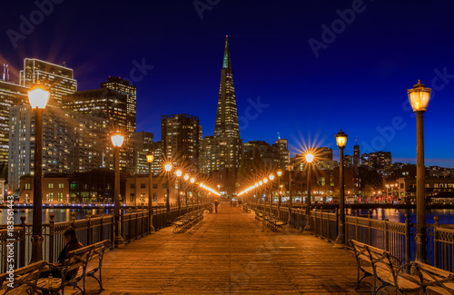Downtown San Francisco and the Transamerica Pyramid at Christmas from wooden Pier 7 at sunset © SvetlanaSF