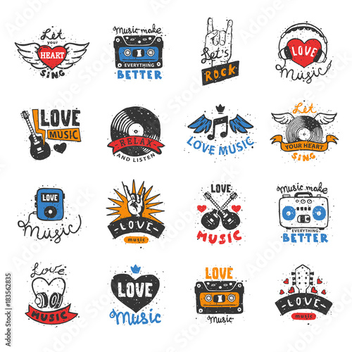 Music love heart logo vector musical heartbeat song dj lover sound beat logotype audio tape symbol illustration isolated on white background