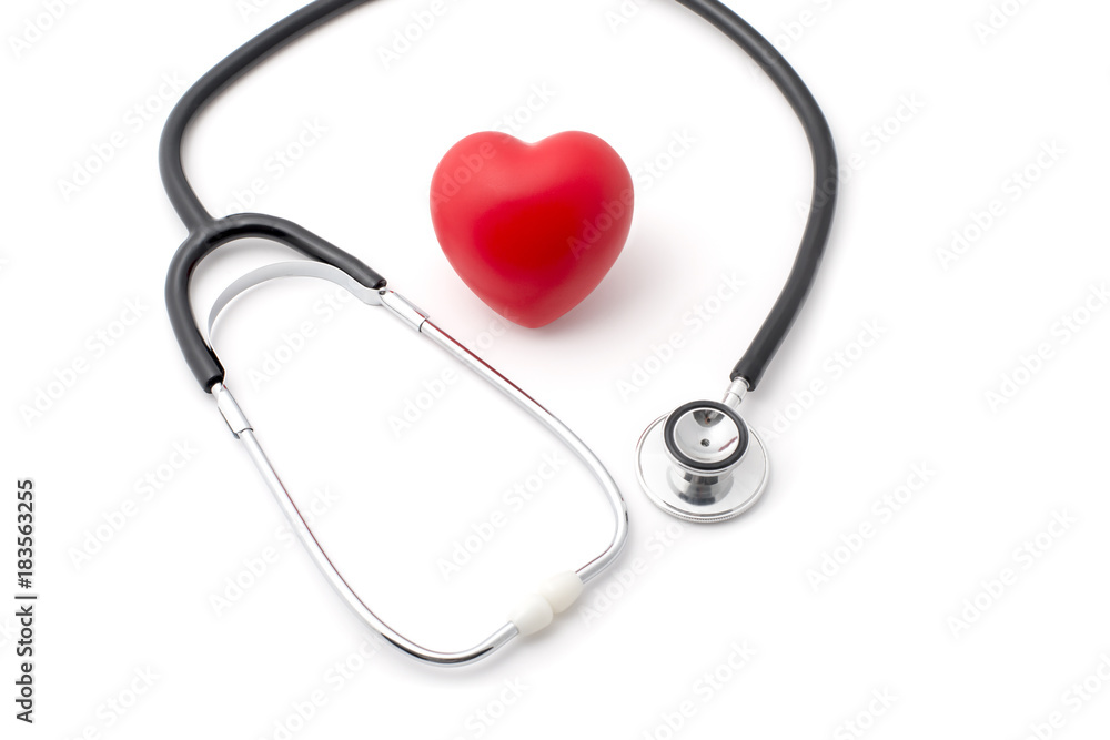 Stethoscope Around a Red Rubber Heart on White Background Stethoscope Around a Red Rubber Heart on White Background