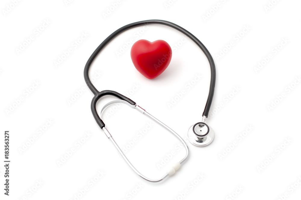 Red Rubber Heart and Stehoscope Isolated on White Background Red Rubber Heart and Stehoscope Isolated on White Background
