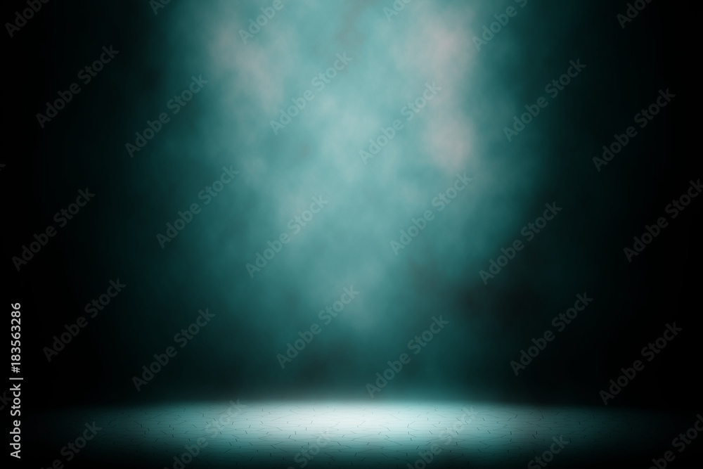 Light blue spotlight smoke stage background.