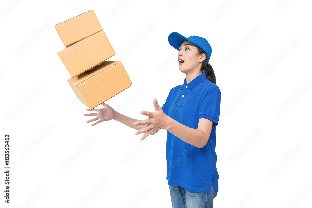 Portrait of happy delivery asian woman her dropping cardboard box isolated on white background, young asian woman carry brown box sending delivery service concept Portrait of happy delivery asian woman her dropping cardboard box isolated on white background, young asian woman carry brown box sending delivery service concept