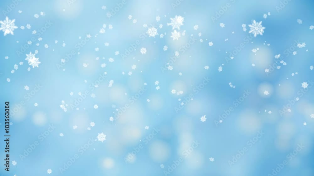 Snowflakes falling over elegant soft New Year and Christmas blue background, festive lights twinkling with bokeh, magical seasonal scene with snow, frosty snowy day, abstract illustration, animation Snowflakes falling over elegant soft New Year and Christmas blue background, festive lights twinkling with bokeh, magical seasonal scene with snow, frosty snowy day, abstract illustration, animation