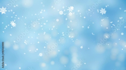  Snowflakes falling over elegant soft New Year and Christmas  blue background, festive lights twinkling with bokeh, magical seasonal scene with snow, frosty snowy day, abstract illustration, animation