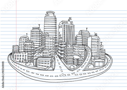 Hand drawn City Sketch for your design,Drawn in black ink on lined notebook paper