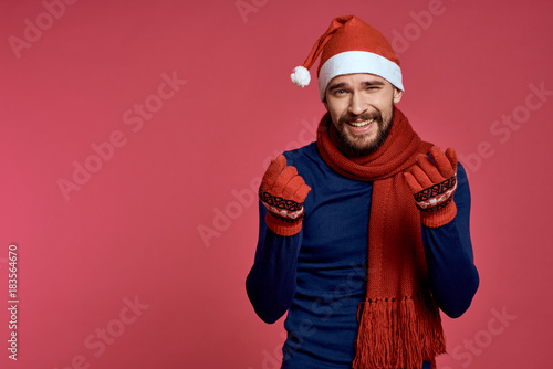 man on red background, new year, free space for copy, holiday