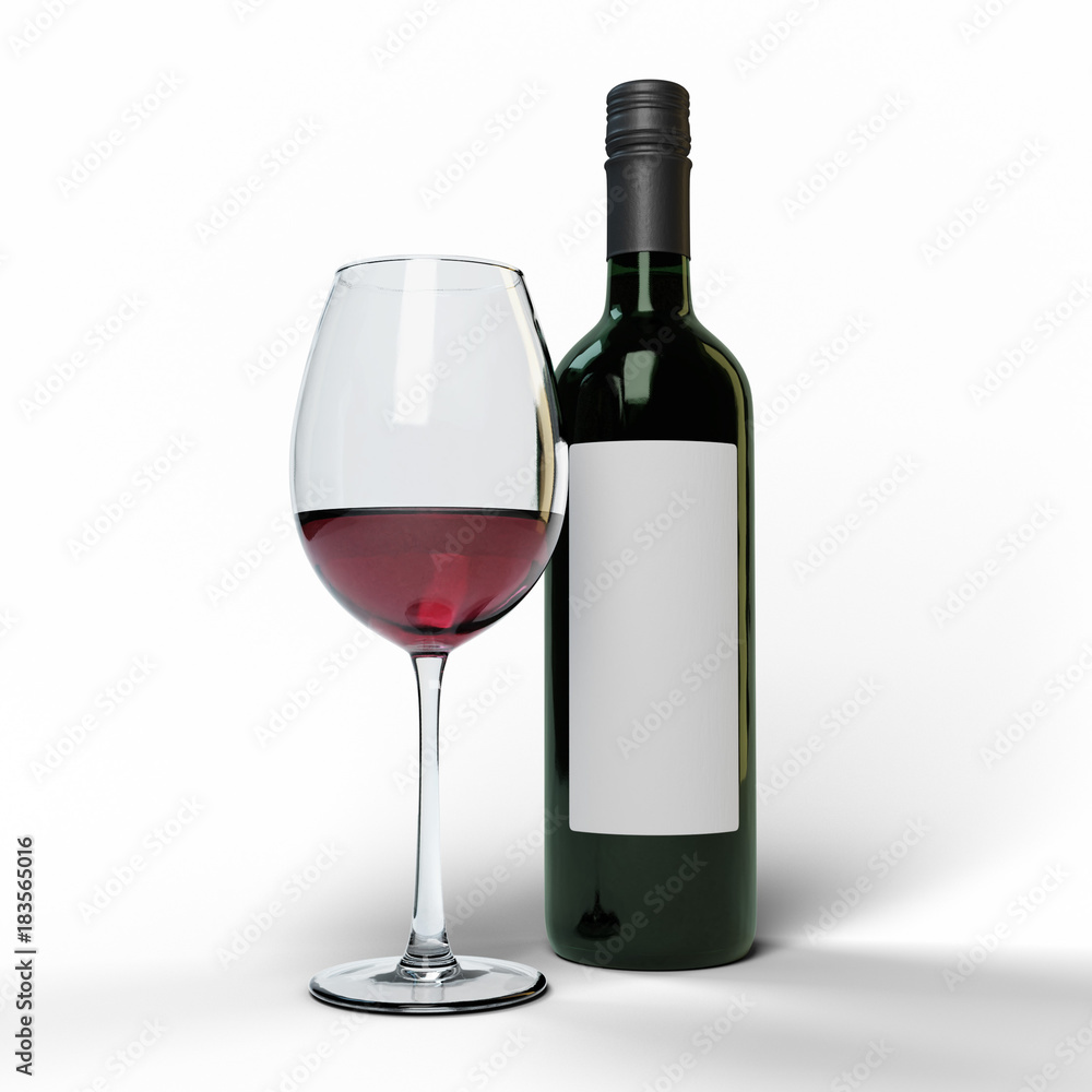 Red wine glass and dark green bottle with a blank label on a white background Red wine glass and dark green bottle with a blank label on a white background