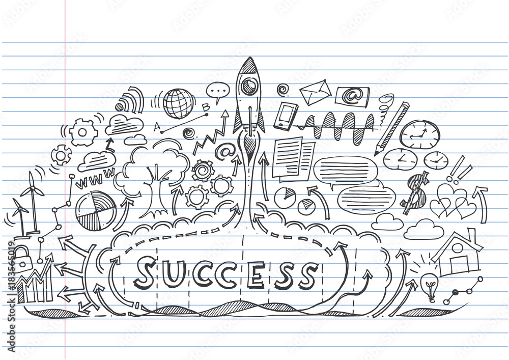 Start up rocket with business success doodle clouds on lined notebook paper.Doodle  image. Stock Vector illustration. Stock Vector | Adobe Stock
